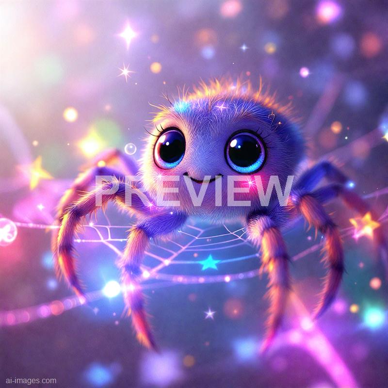 The image features an adorable, cartoon-like spider with large, expressive blue eyes and a friendly smile. Its body and legs are covered in bright, iridescent fur that glows with vibrant rainbow hues. The spider is sitting on a delicate web, surrounded by sparkling stars and colorful bokeh lights, creating a whimsical and magical atmosphere.